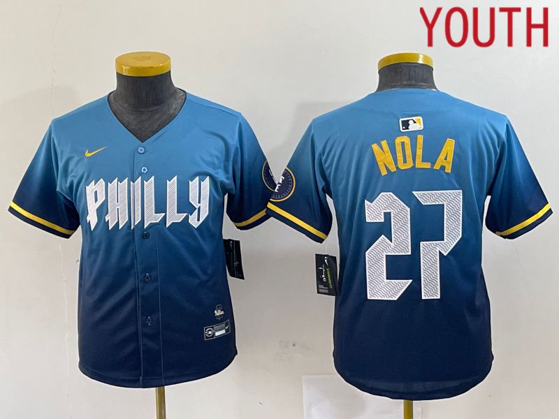 Youth Philadelphia Phillies 27 Nola Blue City Edition Nike 2024 MLB Jersey style 2